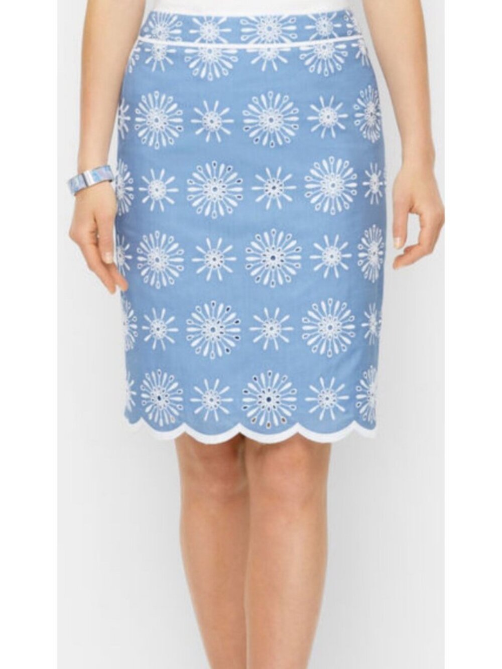 NEW Talbots Skirt Embroidered Eyelet Cotton Sz 8 Spring Summer Light Blue White